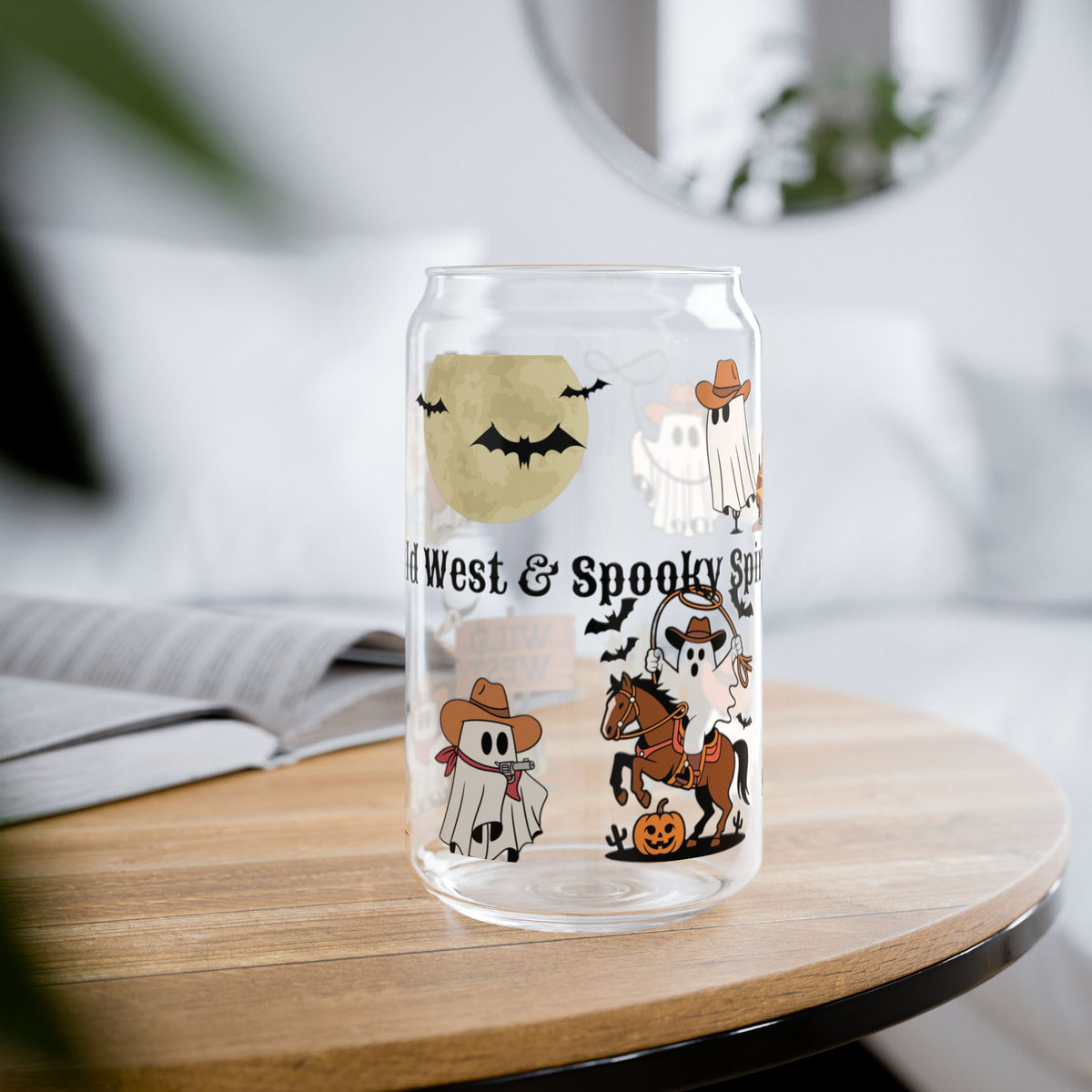 16oz Halloween Sipper Glass - 'Wild West & Spooky' Cute Cowboy Ghosts Design