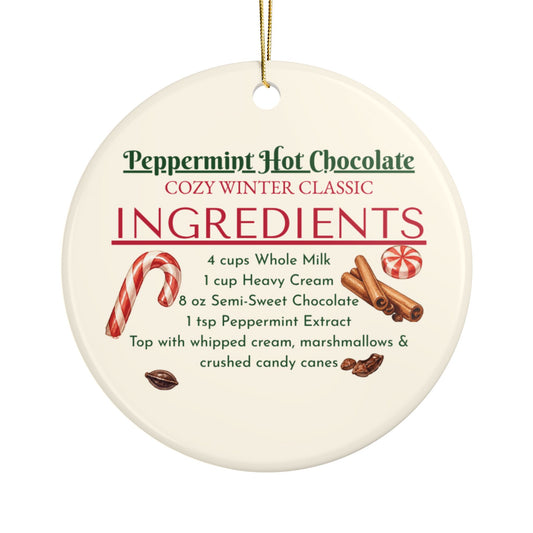 Peppermint Hot Chocolate Ceramic Ornament, Double-Sided Holiday Recipe Keepsake, Cozy Christmas Decor