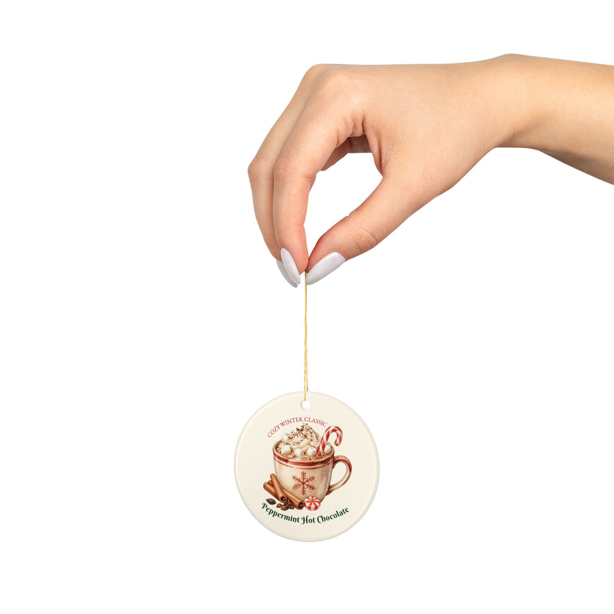 Peppermint Hot Chocolate Ceramic Ornament, Double-Sided Holiday Recipe Keepsake, Cozy Christmas Decor