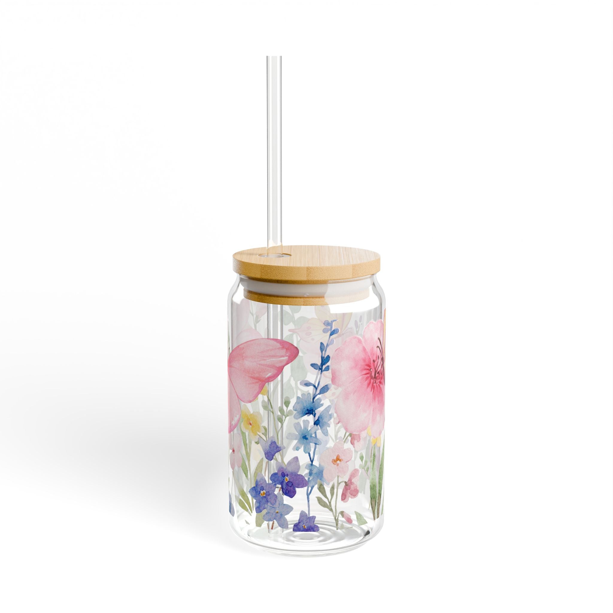 Floral Butterfly 16oz Glass Sipper with Straw