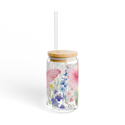 Floral Butterfly 16oz Glass Sipper with Straw