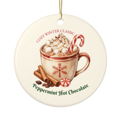 Peppermint Hot Chocolate Ceramic Ornament, Double-Sided Holiday Recipe Keepsake, Cozy Christmas Decor