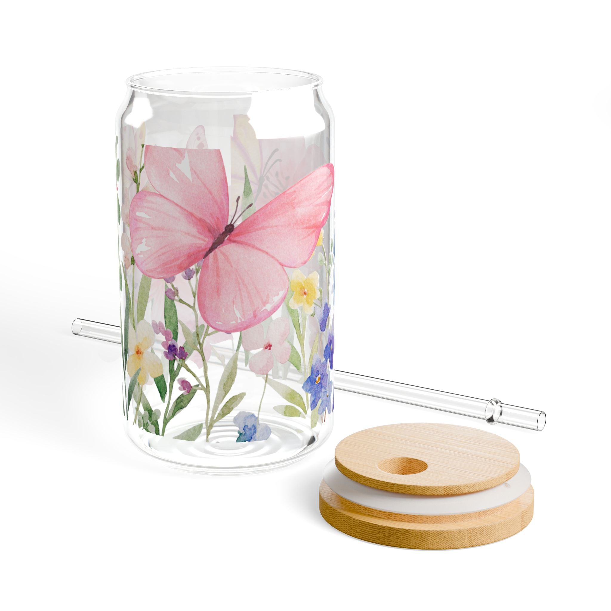 Floral Butterfly 16oz Glass Sipper with Straw