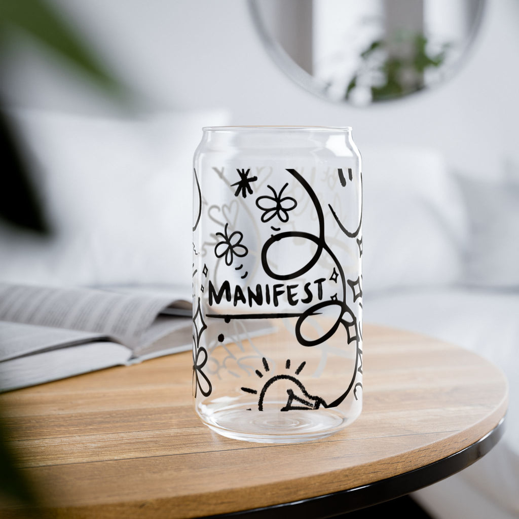 Doodle Aesthetic Manifestation Glass Cup | 16oz Positive Affirmations Tumbler | Mindful Gift for Her