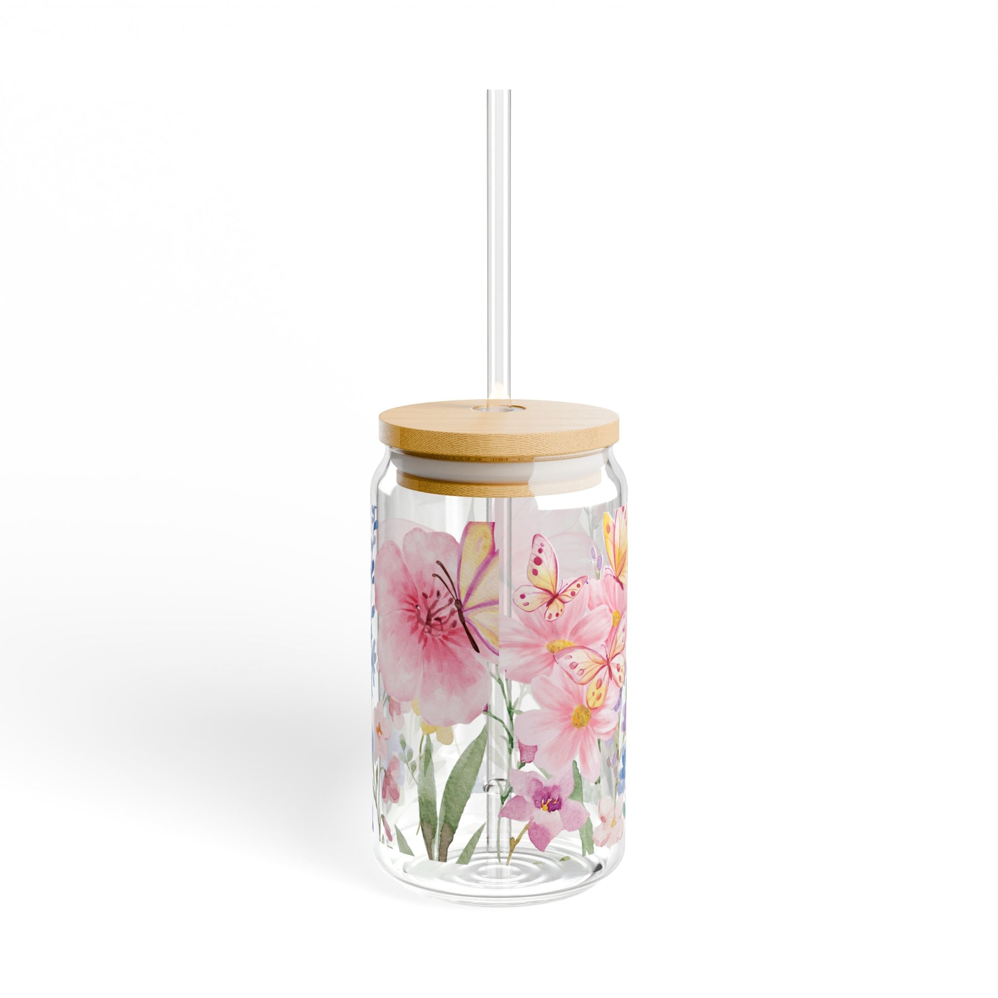 Floral Butterfly 16oz Glass Sipper with Straw