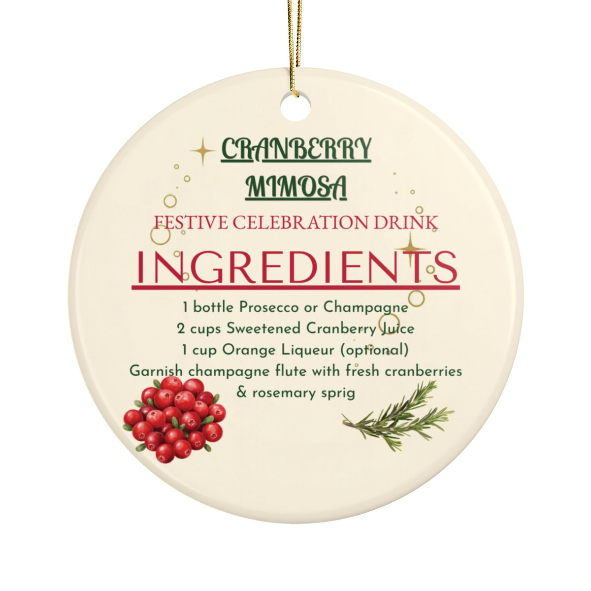Cranberry Mimosa Ceramic Ornament, Double-Sided Holiday Recipe Keepsake, Brunch & New Years Decor