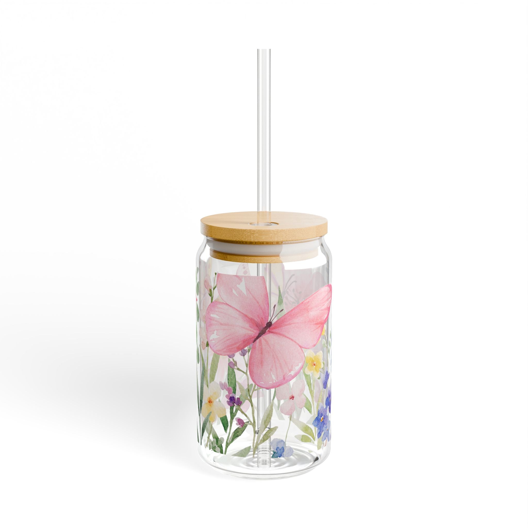 Floral Butterfly 16oz Glass Sipper with Straw