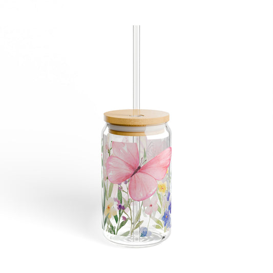 Floral Butterfly 16oz Glass Sipper with Straw