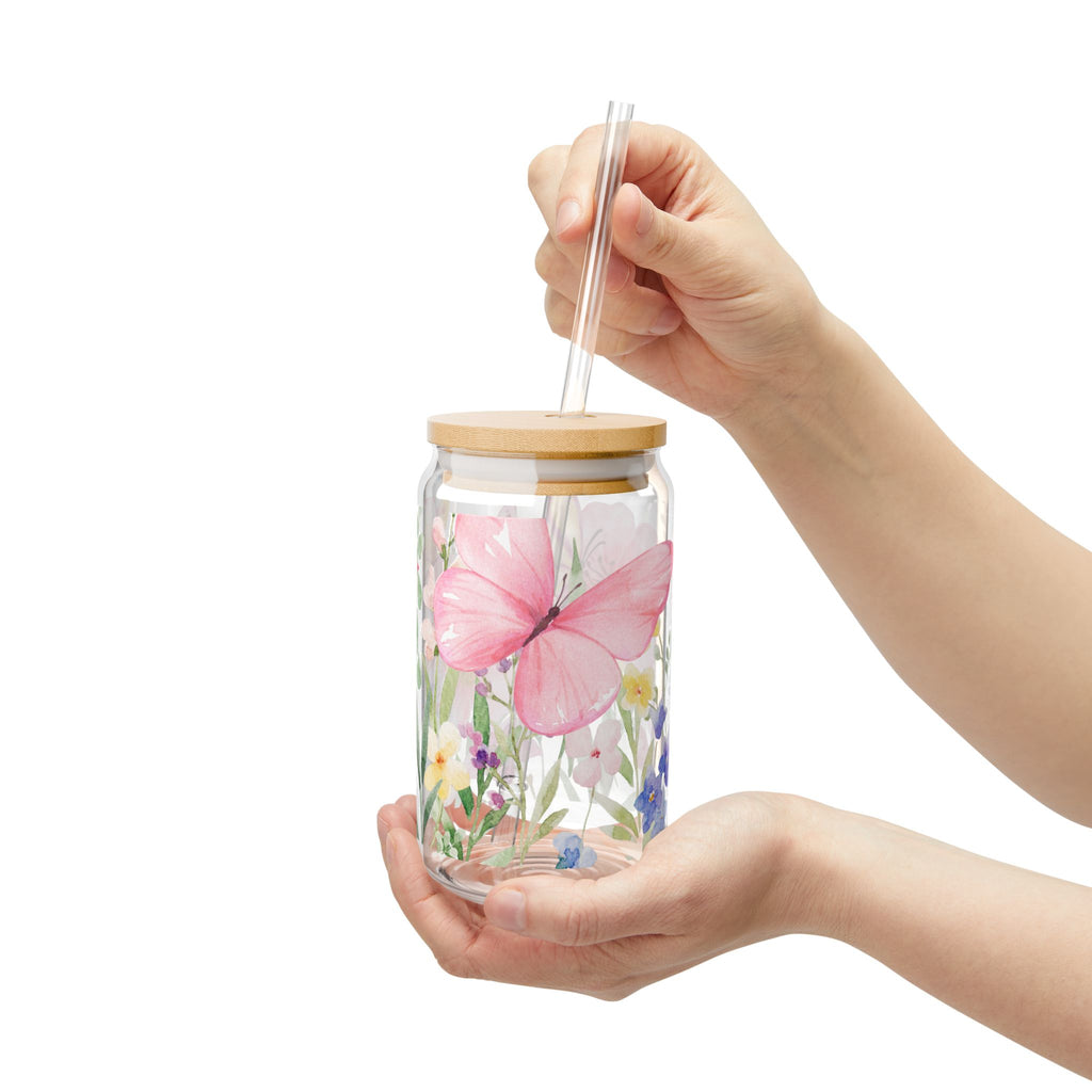 Floral Butterfly 16oz Glass Sipper with Straw