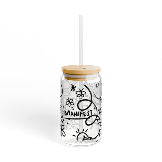 Doodle Aesthetic Manifestation Glass Cup | 16oz Positive Affirmations Tumbler | Mindful Gift for Her
