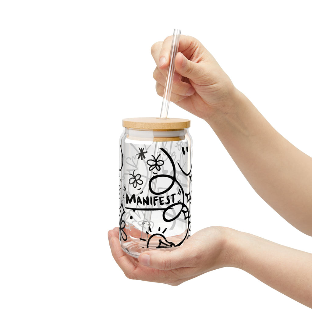Doodle Aesthetic Manifestation Glass Cup | 16oz Positive Affirmations Tumbler | Mindful Gift for Her