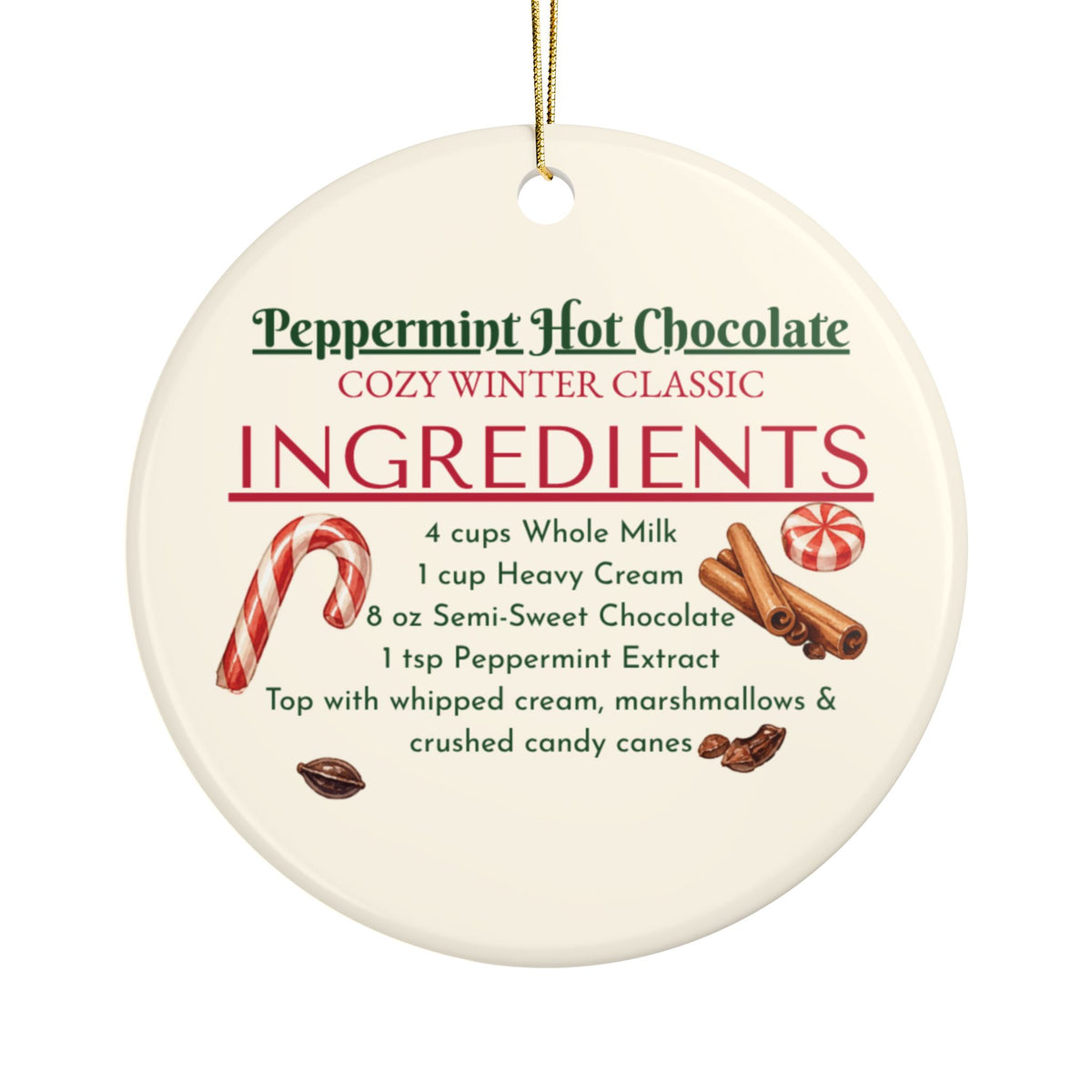 Peppermint Hot Chocolate Ceramic Ornament, Double-Sided Holiday Recipe Keepsake, Cozy Christmas Decor