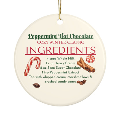 Peppermint Hot Chocolate Ceramic Ornament, Double-Sided Holiday Recipe Keepsake, Cozy Christmas Decor