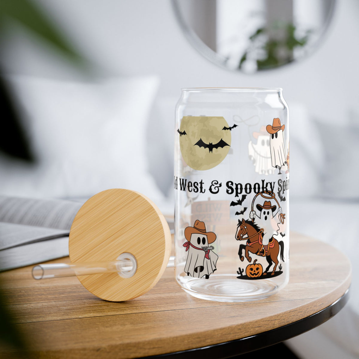 16oz Halloween Sipper Glass - 'Wild West & Spooky' Cute Cowboy Ghosts Design
