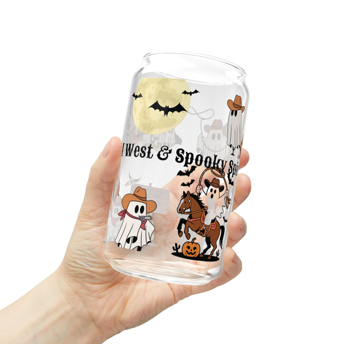 16oz Halloween Sipper Glass - 'Wild West & Spooky' Cute Cowboy Ghosts Design