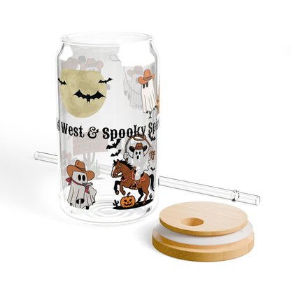16oz Halloween Sipper Glass - 'Wild West & Spooky' Cute Cowboy Ghosts Design