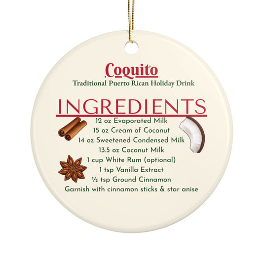 Puerto Rican Coquito Ceramic Ornament, Double-Sided Holiday Recipe Keepsake, Traditional Christmas Tree Decor