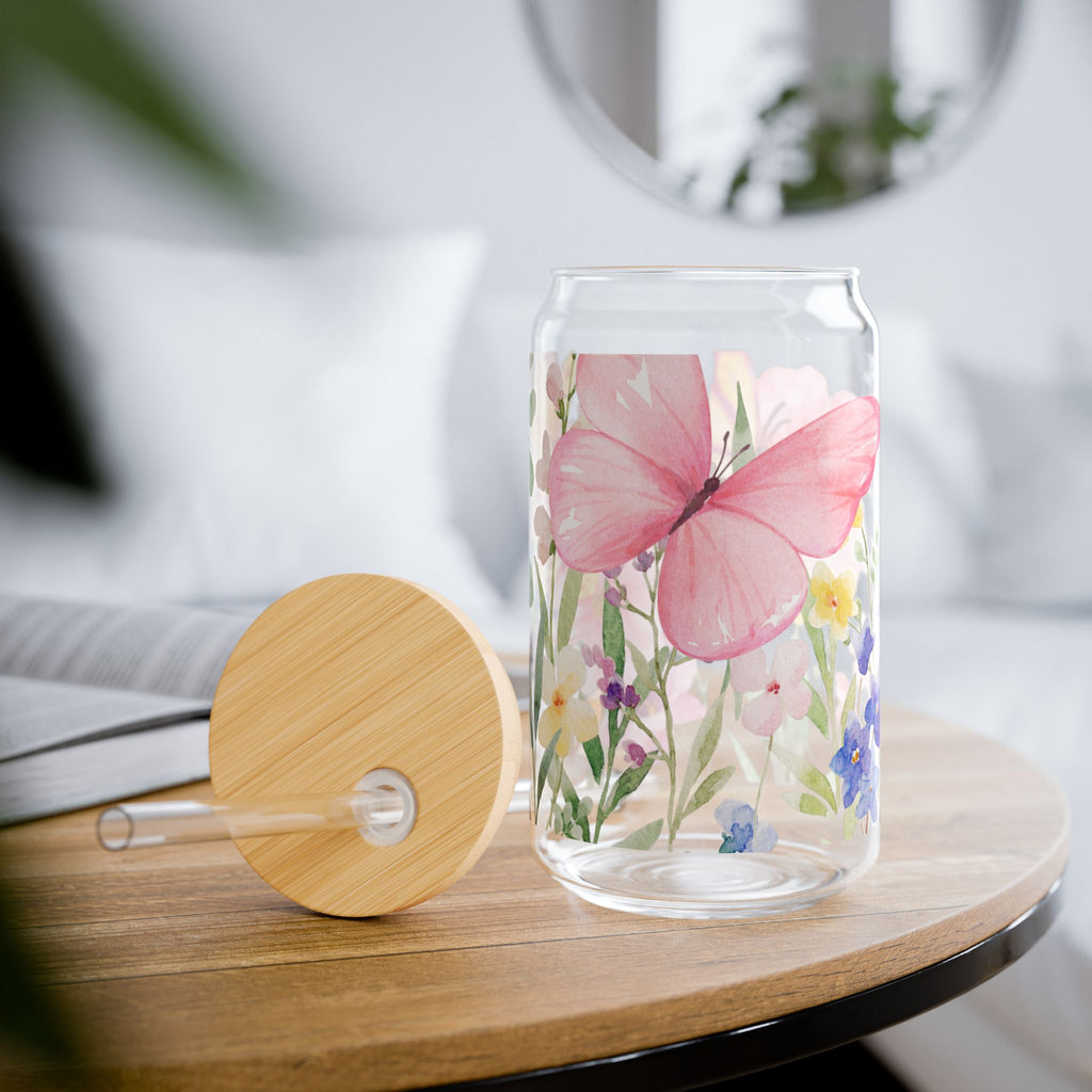 Floral Butterfly 16oz Glass Sipper with Straw