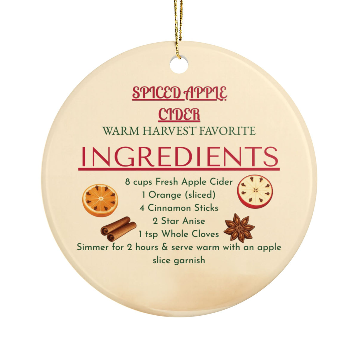 Spiced Apple Cider Ceramic Ornament, Double-Sided Holiday Recipe Keepsake, Fall & Winter Tree Decor