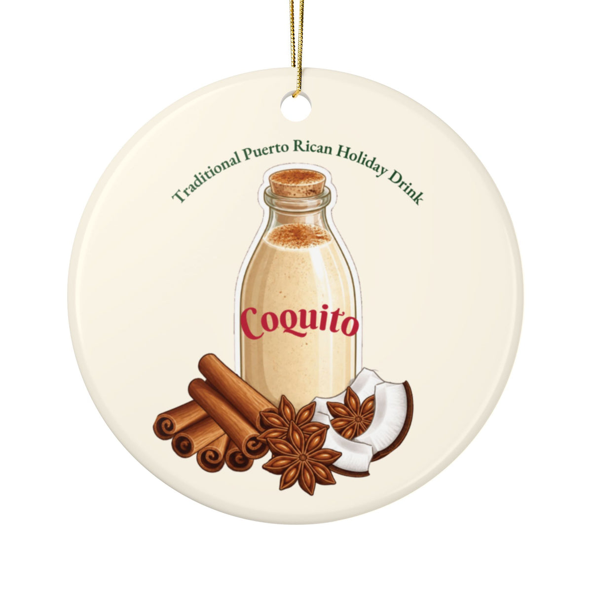 Puerto Rican Coquito Ceramic Ornament, Double-Sided Holiday Recipe Keepsake, Traditional Christmas Tree Decor