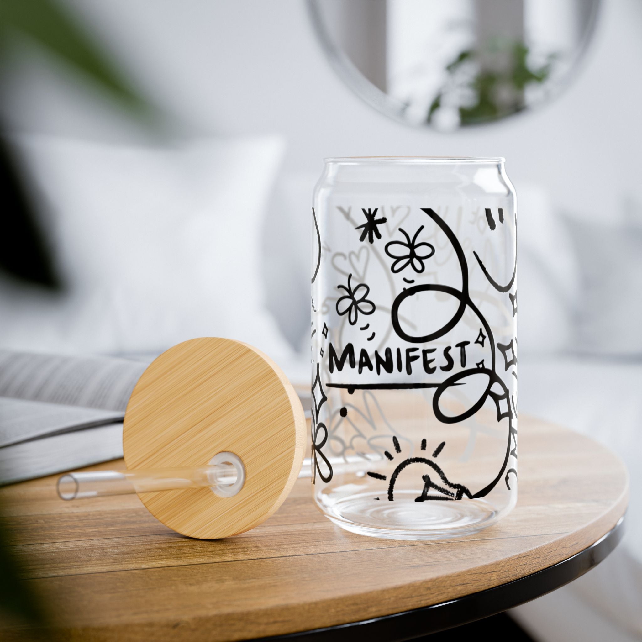 Doodle Aesthetic Manifestation Glass Cup | 16oz Positive Affirmations Tumbler | Mindful Gift for Her