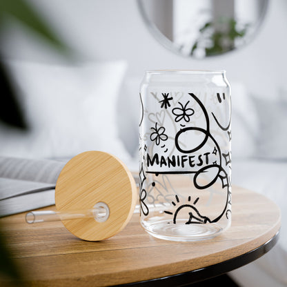 Doodle Aesthetic Manifestation Glass Cup | 16oz Positive Affirmations Tumbler | Mindful Gift for Her