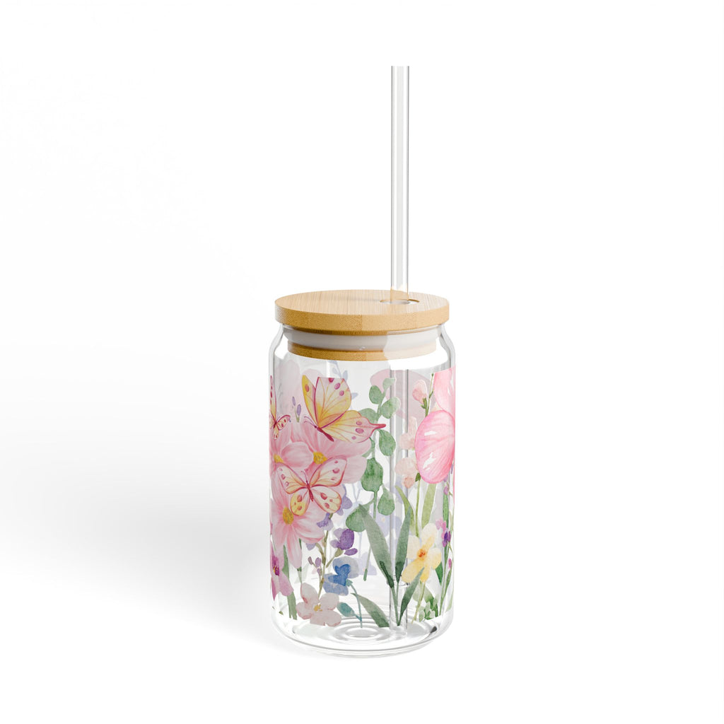 Floral Butterfly 16oz Glass Sipper with Straw