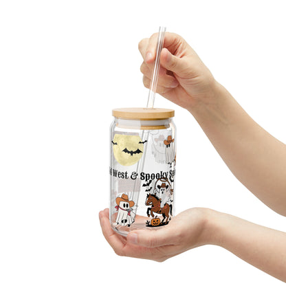 16oz Halloween Sipper Glass - 'Wild West & Spooky' Cute Cowboy Ghosts Design