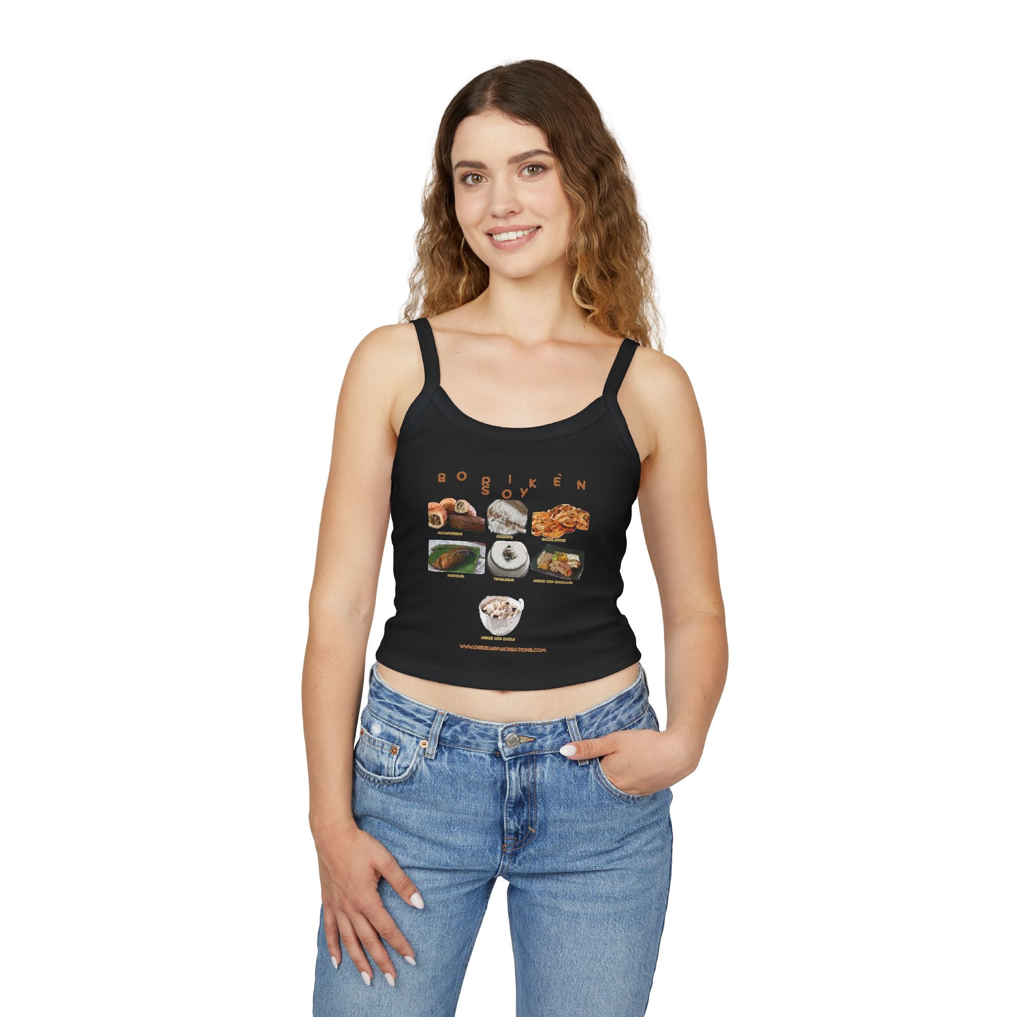 Woman wearing a black tank top with 'Boriken_Soy_black' graphic design on a white background
