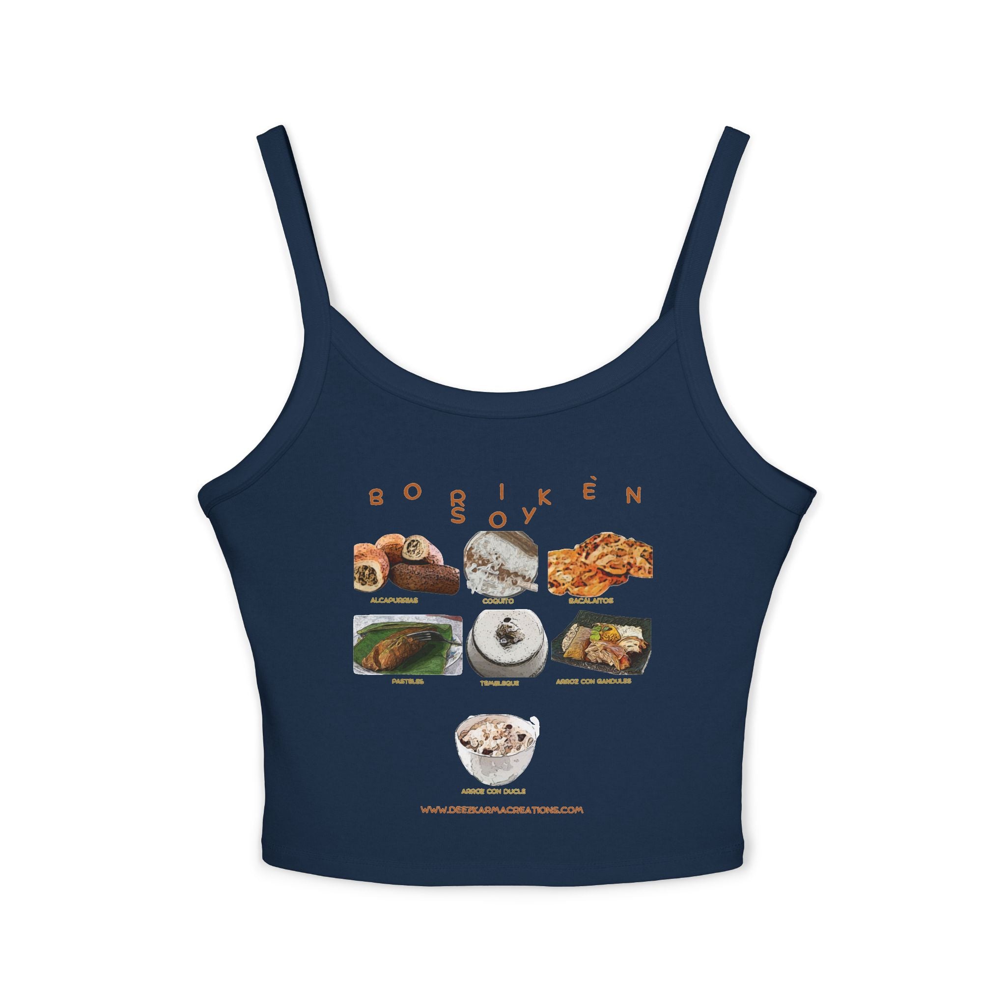 Navy blue tank top with food graphic and 'Bobiken Soy' text on a white background